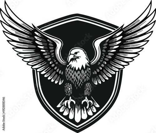 Eagle with spread wings perched before shield, bold emblem illustration, strength and freedom vector artwork, insignia design element