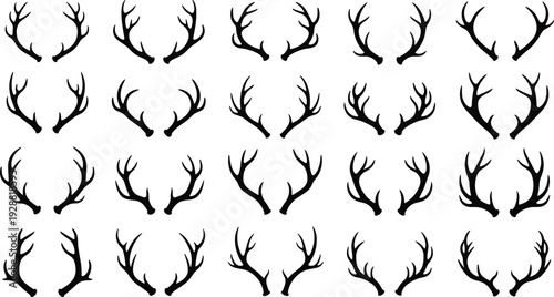 Antler silhouette collection with diverse branching designs, 25 unique vector motifs arranged in grid, stylized wildlife artwork for nature and design