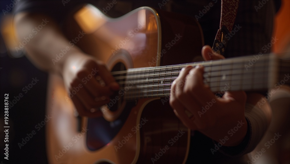 Fototapeta premium Musician playing acoustic guitar in atmospheric soft light