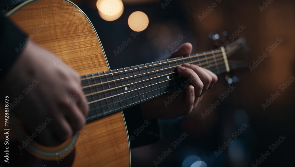 Fototapeta premium Guitarist Playing Acoustic Guitar on Stage with Warm Bokeh