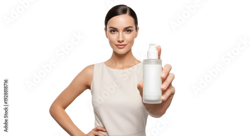 Young woman holding a bottle of beauty product with a blank label, isolated on white