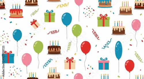 Colorful Celebration Pattern Featuring Cakes Balloons and Gifts for Festive Occasions