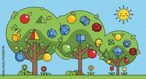 A cartoon illustration of trees with shapes and fruit, along with a smiley sun