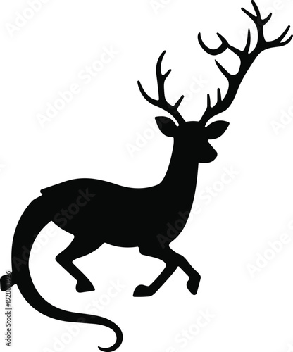 Fantasy deer dragon hybrid silhouette vector illustration, mythical creature design with antlers and curling tail, surreal imaginative artwork composition
