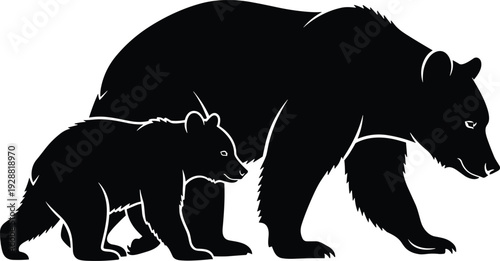 Bear silhouettes walking side by side, wildlife animal family vector illustration showing adult and cub together in natural forest design concept