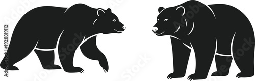 Bear vector illustration, black silhouette wildlife animals facing each other with walking stance and standing posture, outdoor nature design art