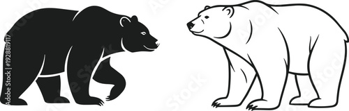 Bear vector illustration, black silhouette and outlined polar bear design facing each other, wildlife animal contrast nature art
