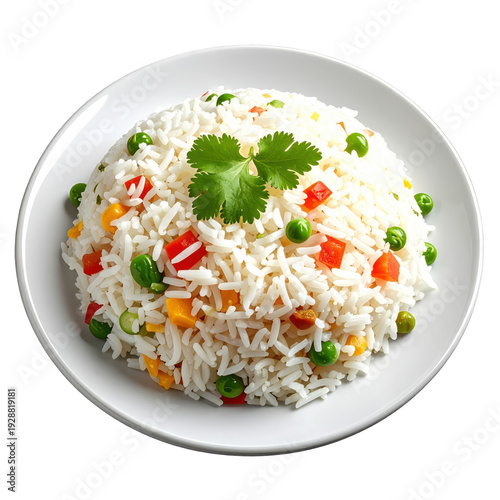 Delicious vegetable rice dish garnished with fresh cilantro on white plate isolated on white background