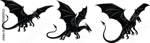 Flying dragon silhouettes, fantasy mythical creatures, medieval heraldic symbols, winged reptile illustration, monster vector art, fantasy design