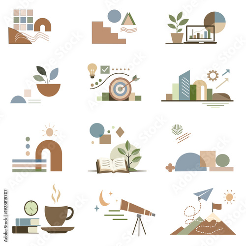 vector illustration set emphasizing simplicity and clutter reduction. The design elements are geometric Bauhaus-style, reminiscent of a retro era. The colors used are warm beige, cream, grayish blue, 