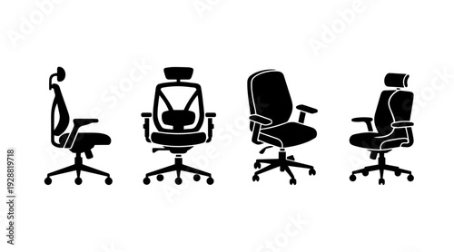 Ergonomic Chair Icon Set Vector – Office Seating Collection, Adjustable Desk Chair Illustration, Modern Workplace Furniture Outline Icons for UI, App, Web 