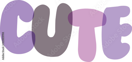 Charming word cute in soft purple and pink hues with shadow overlay on transparent background, adorable typography