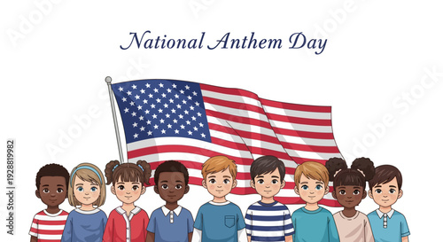 Illustration of diverse children standing with the American flag on National Anthem Day in the USA, conveying patriotism and unity with a colorful and celebratory mood.