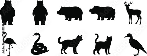 Black animal silhouettes featuring bear, hippopotamus, deer, flamingo, snake, cat, duck, creative wildlife design, modern vector illustration, artistic composition background