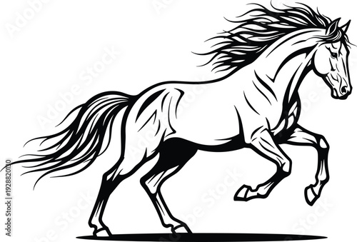 Black horse silhouette in dynamic running pose, stylized equine design, abstract wildlife artwork, modern vector illustration, artistic composition background