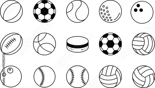 Sports ball icon collection illustration, various athletic balls symbols set, soccer baseball basketball tennis hockey, clean black white outline vector design