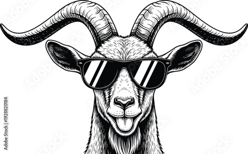 Goat with curved horns wearing sunglasses and sticking tongue out, humorous animal illustration, playful vector artwork design element
