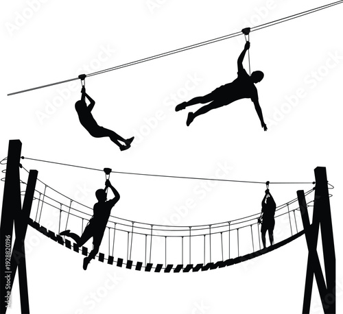 Zipline adventure silhouette illustration, people crossing rope bridge and sliding on cable, extreme outdoor activity, teamwork challenge concept, black vector art