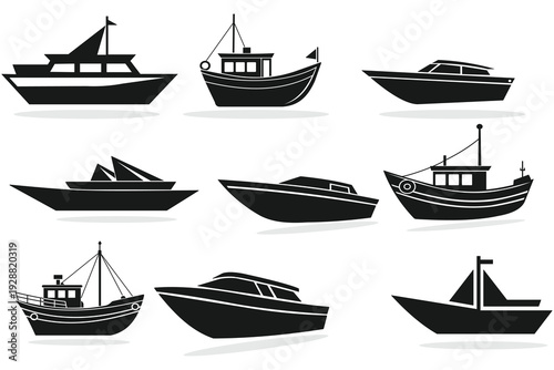 Fishing boat, speed boat and transport boat icons vector. Boat and Ship Silhouettes vector icon. Vector illustration.