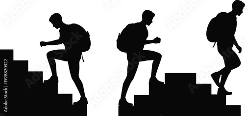 Hiker climbing stairs silhouette illustration, backpack traveler ascending steps, journey progress success concept, outdoor adventure motivation, black white vector design