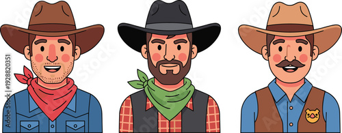 Cartoon Cowboy Characters Vector Illustration Set with Western Hats, Bandanas, Mustache and Sheriff Badge in Vintage Wild West Style