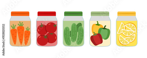 Collection of jars with homemade pickles. Vegetables in jars healthy food concept.