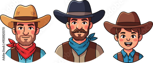 Cartoon Cowboy Avatars Vector Illustration Collection with Western Hats, Bandanas and Smiling Wild West Characters Isolated on Light Background