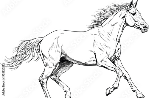 Horse illustration, trotting and running pose, dynamic equine vector art, detailed anatomy design, flowing mane tail, animal clipart, nature artwork