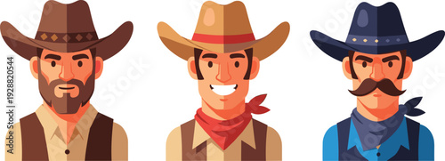 Flat Design Cowboy Character Avatars Vector Set with Western Hats, Bandanas and Mustache Faces in Classic Wild West Style