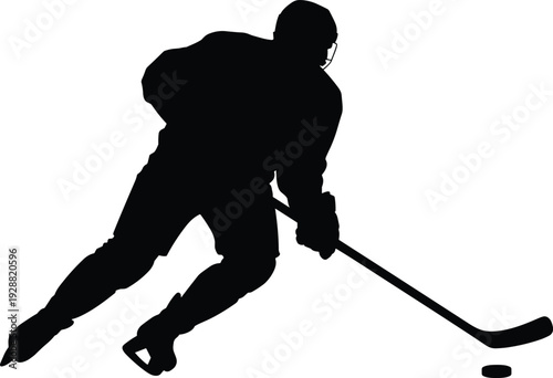 Ice hockey player silhouette illustration, dynamic sport action pose with stick and puck, professional athlete motion, black white vector art