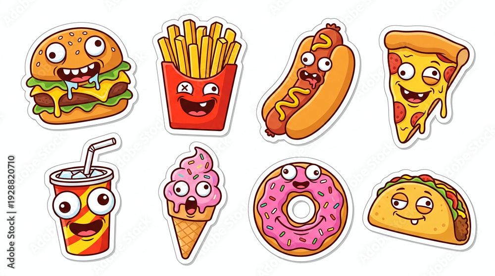 Fototapeta premium Funny Funny Fast Food Snack Junk Food Sticker Sheet ​
