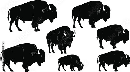Bison silhouette collection, American buffalo set, cad drawing flat vector illustration, prairie wildlife nature, wild animal bull isolated, horned mammal.
