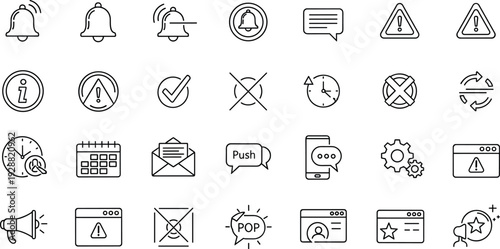 Notification and Alert Line Icon Collection with Warning, Message, Bell and System Symbols Isolated on White Background