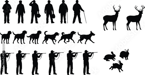 Hunting silhouettes of hunters, dogs, deer, rabbits, rifle poses, wildlife figures, outdoor hunting illustration, vector animal silhouettes, hunting scene design