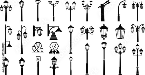 Vintage Street Lamp and Lantern Silhouette Icons Set with Classic Outdoor Lighting Poles and Decorative City Light Fixtures Vector Collection