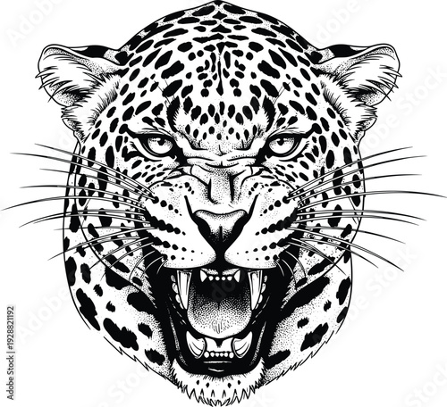 Leopard face illustration, fierce wildlife predator, big cat vector art, detailed animal design, open mouth roaring leopard, nature clipart, jungle artwork