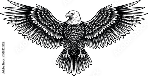 Majestic eagle illustration, detailed wings spread, black and white vector art, powerful bird design, symmetrical frontal view, open beak, intricate feathers