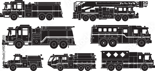 Black Solid Fire Truck Silhouettes Set of Six on White Background
