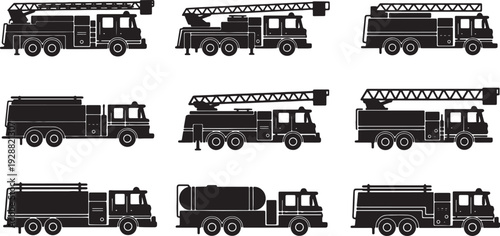 Black Solid Various Fire Truck Silhouettes Set of Six on White Background