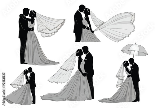 A romantic illustration of a couple in various wedding poses