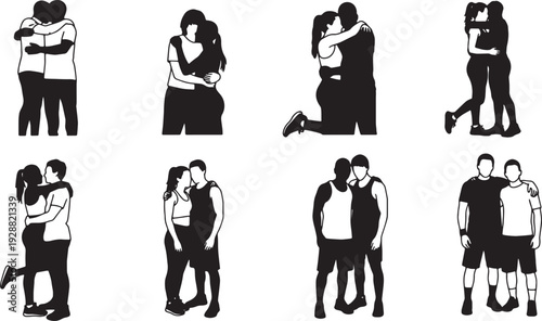 Black Solid Fitness Workout Couple Hugs Set of Six on White Background