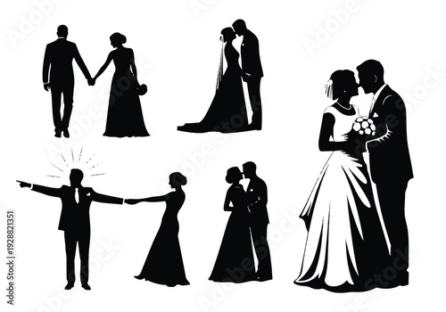A set of elegant wedding silhouettes on a black background