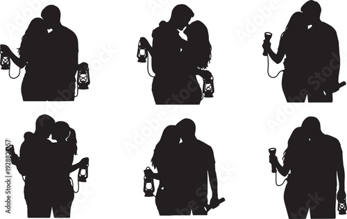 Black Solid Flashlight Lantern Dark Hugs Set of Six on White Background