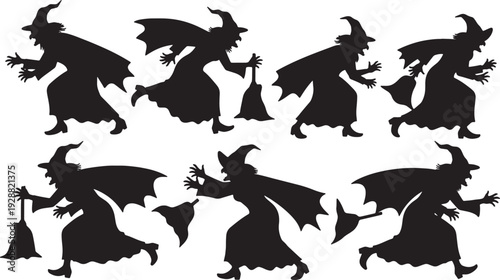 Black Solid Fleeing Witch Flight Silhouettes Set of Six on White Background