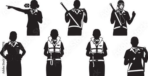 Black Solid Flight Attendant Safety Silhouettes Set of Six on White Background