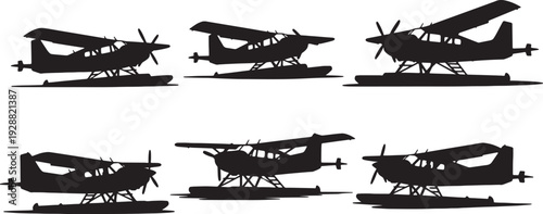 Black Solid Floatplanes on Water Silhouettes Set of Six on White Background