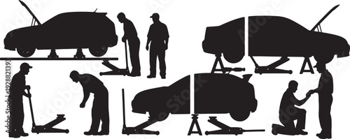 Black Solid Mechanic Using Floor Jack Silhouettes Set of Six on White Background