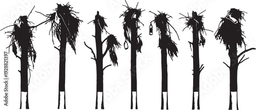 Black Solid Flood Debris Tree Silhouettes Set of Six on White Background