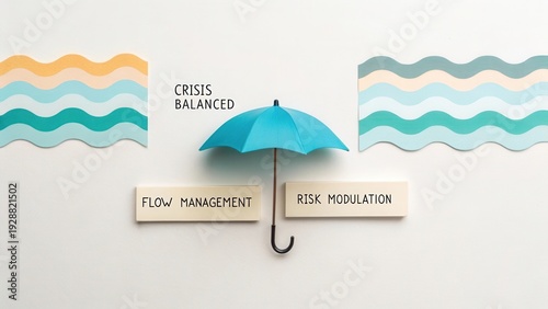 Creative visual representation of crisis management, flow management, and risk modulation with umbrella and waves