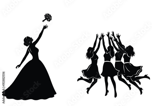 A minimalist line drawing of a bride and her bridesmaids in a celebratory pose against a black background